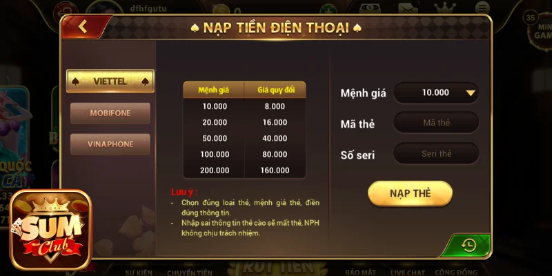 Điều kiện hỗ trợ nạp tiền SUM CLUB thành công 100%