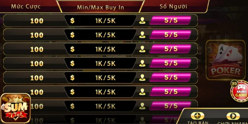 Đa dạng phòng chơi cho game Poker