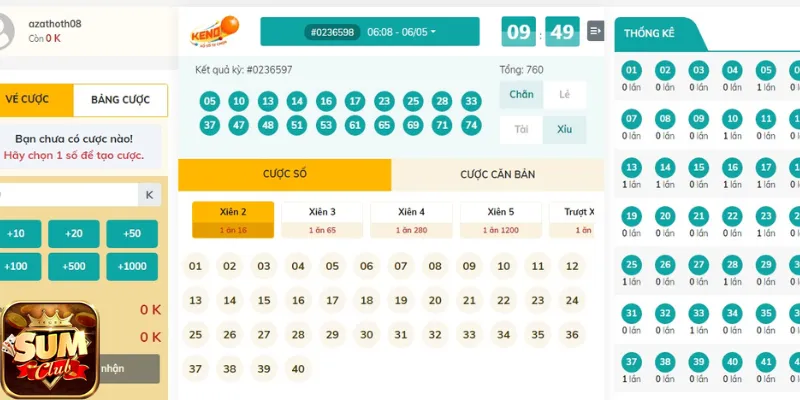 Giao diện cược Keno
